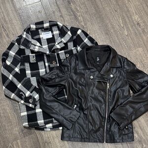 BUNDLE Black and White Plaid Flannel Jacket with Black Faux Leather Jacket